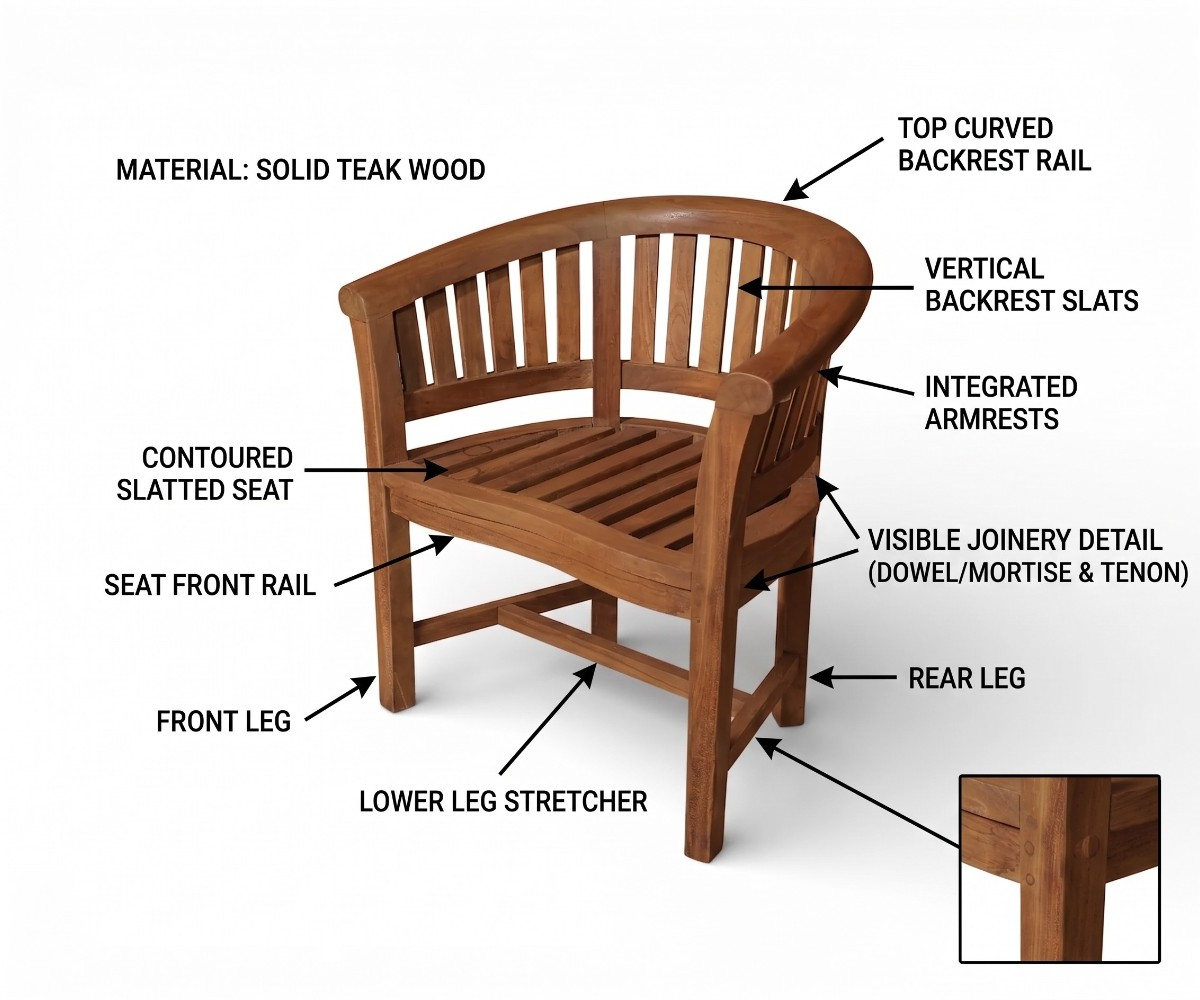 MARINA curved teak armchair, front view of the curved slatted back