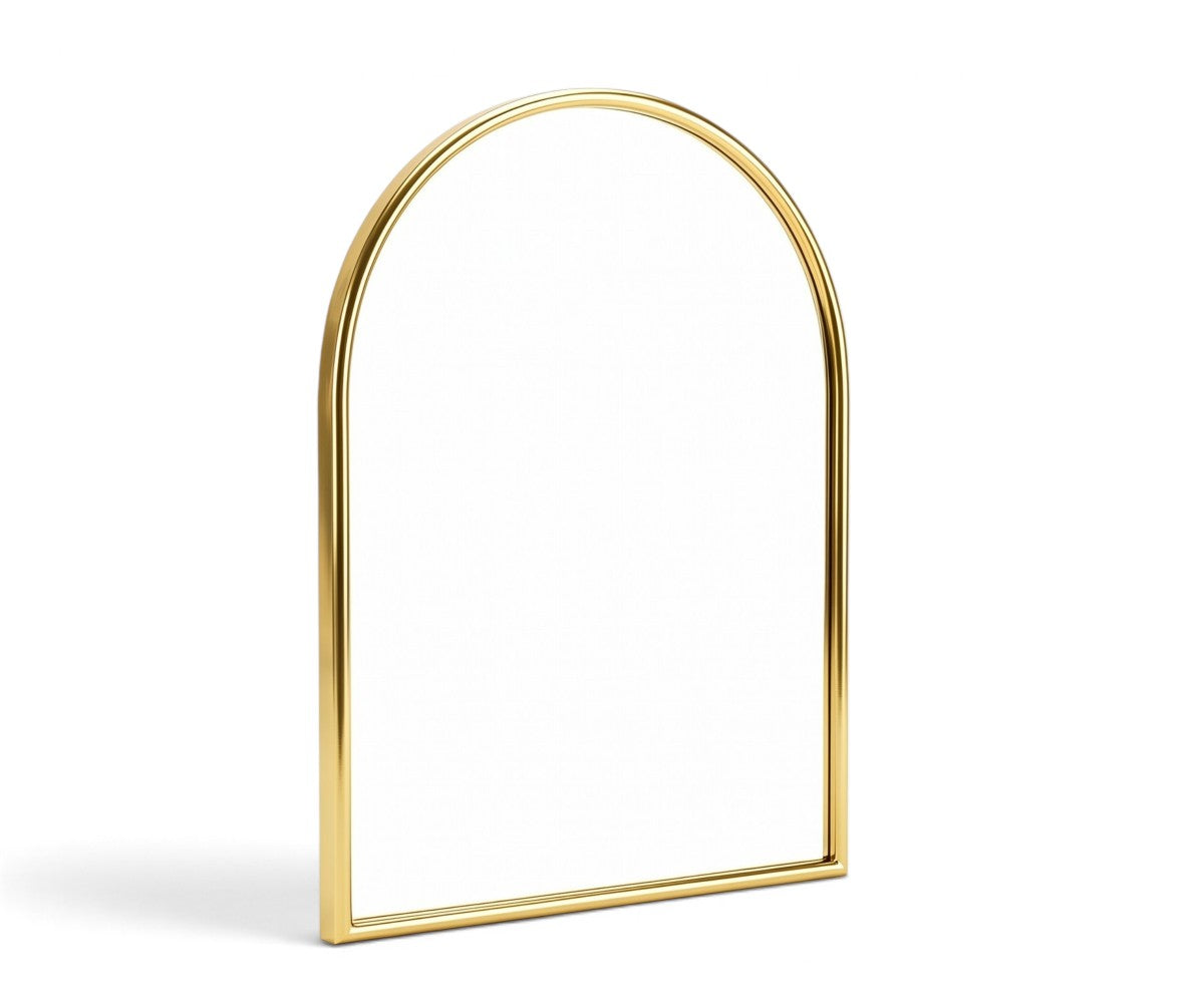 Arched wall mirror with polished brass-finish metal frame and flat base rail