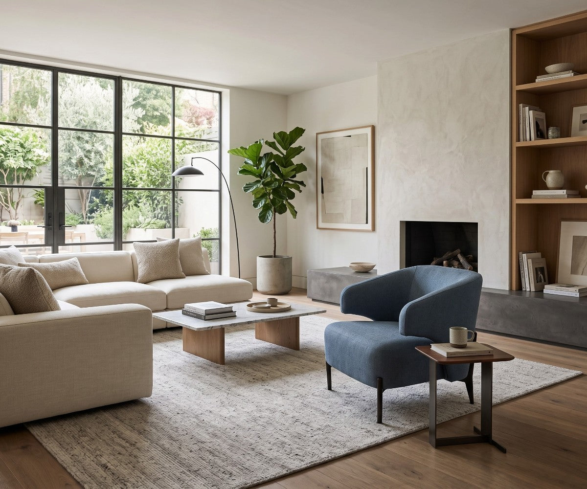 Blue accent armchair with curved backrest styled in a luxurious, well-lit modern living room