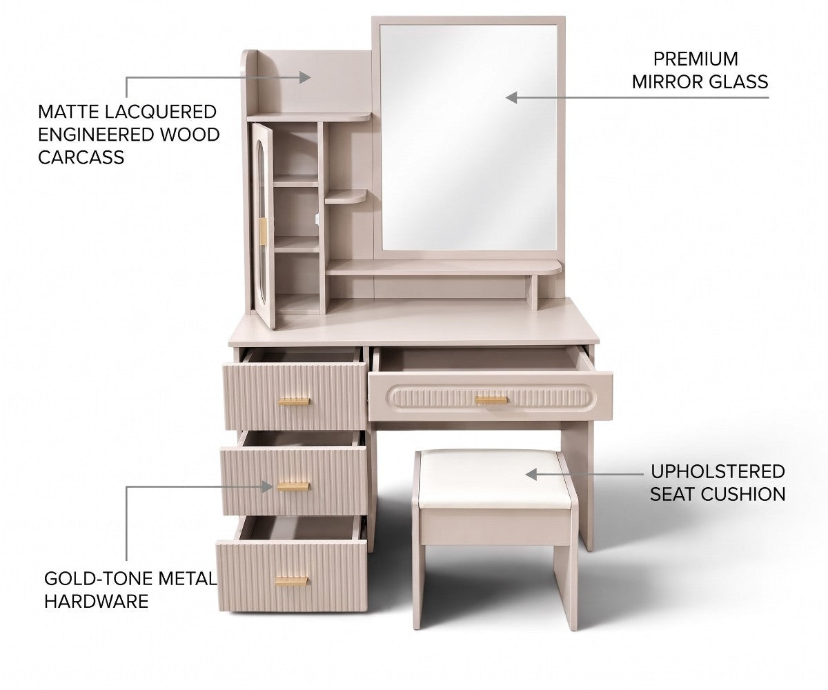 Fluted dressing table with mirror, four drawers, side cabinet and upholstered stool