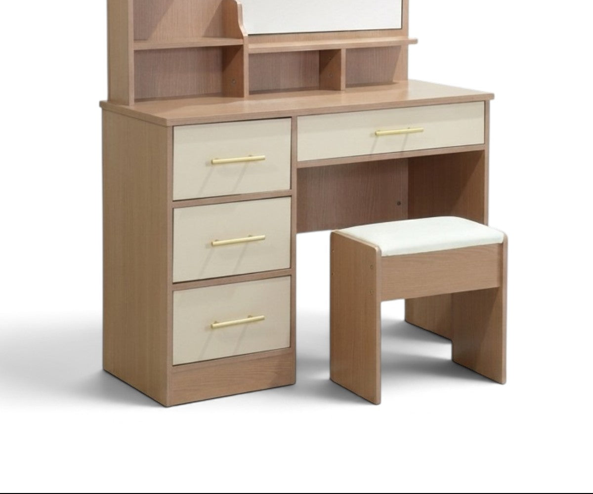 Bedroom dressing table with open display shelves and brass-finish handles