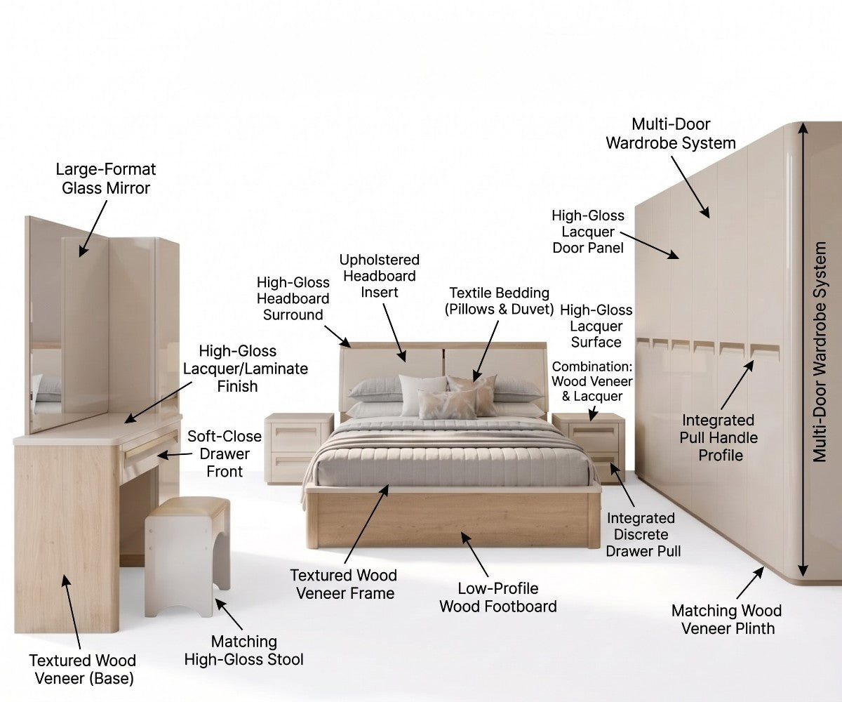 High-gloss bedroom set with upholstered bed, multi-door wardrobe and dressing table