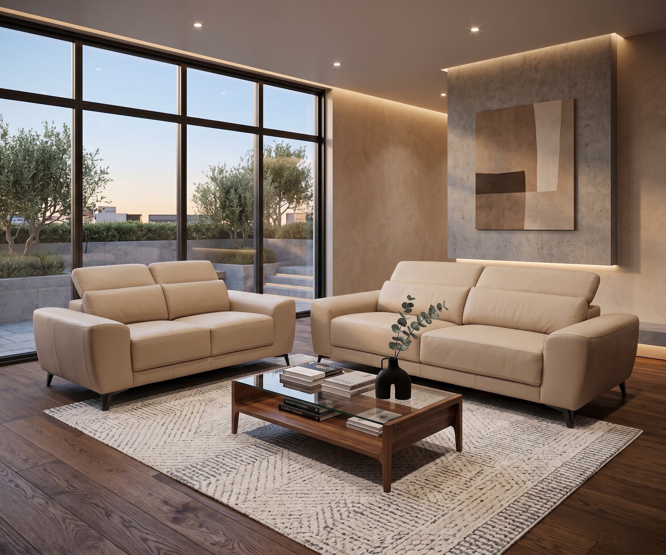 Beige leather sofa set with 3-seater and 2-seater and adjustable headrests