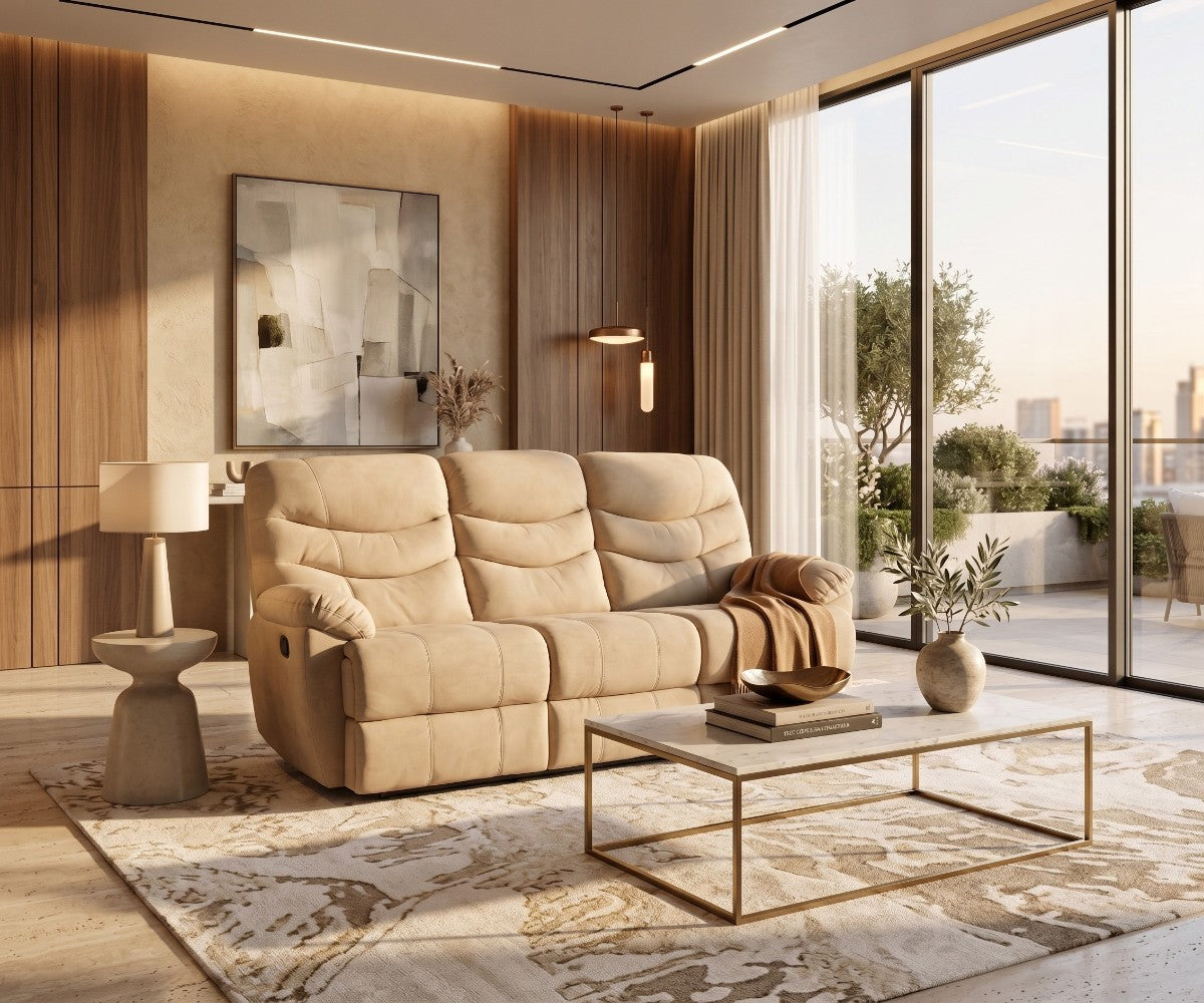 Beige microfiber three-seater sofa with deep padded cushions and rolled armrests
