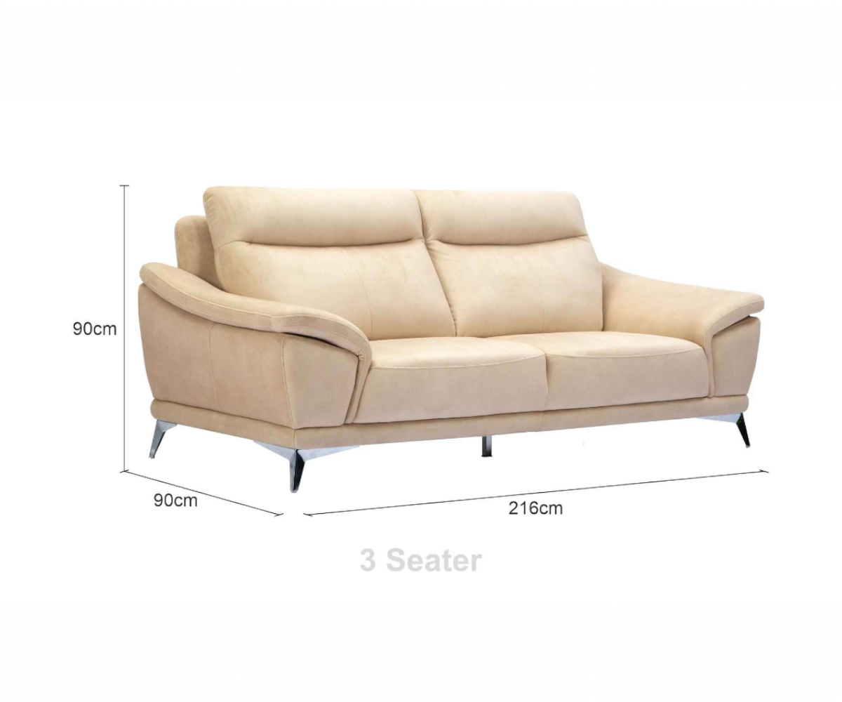 SFC002 beige microfiber 3-seater sofa with chrome legs and padded armrests