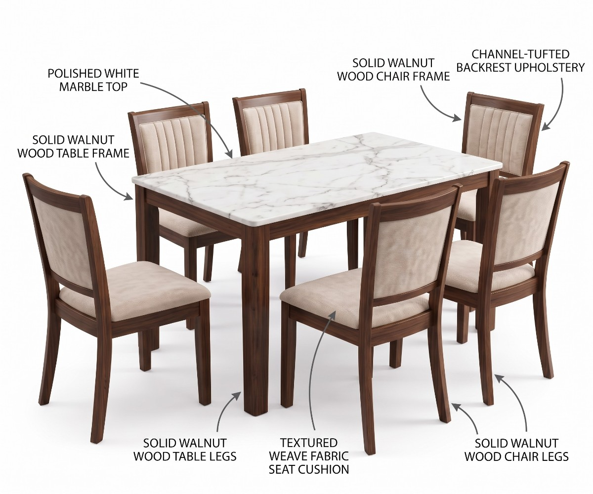 White marble-effect dining table with six beige upholstered chairs and brown wood-grain frames.