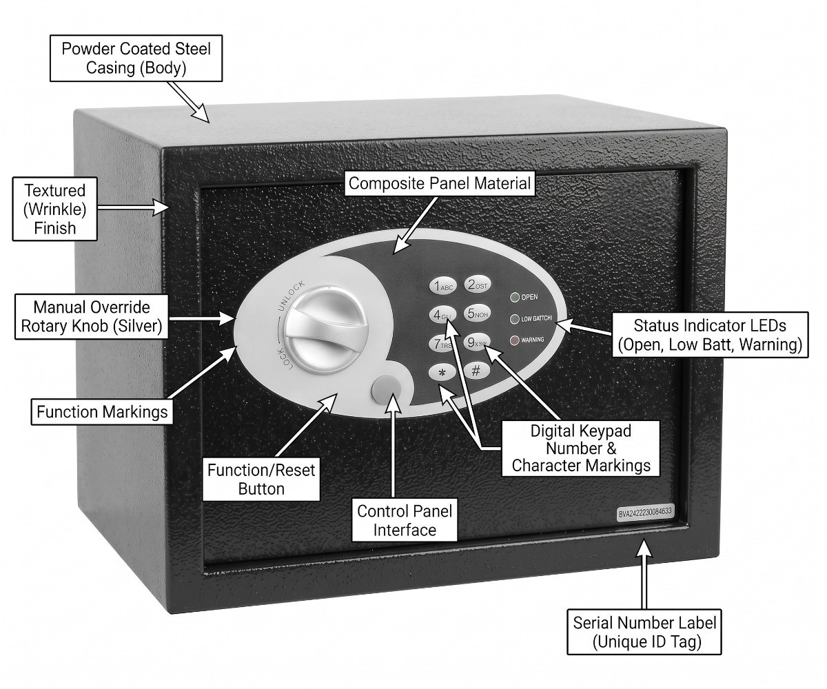 Black electronic safe with open, low-battery, and warning indicators on a white background.