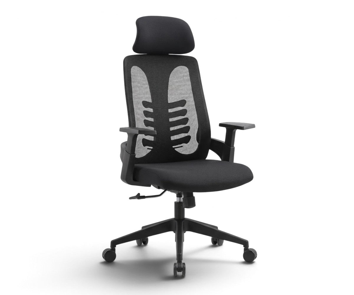 Black high-back mesh office chair with padded headrest and five-star caster base.