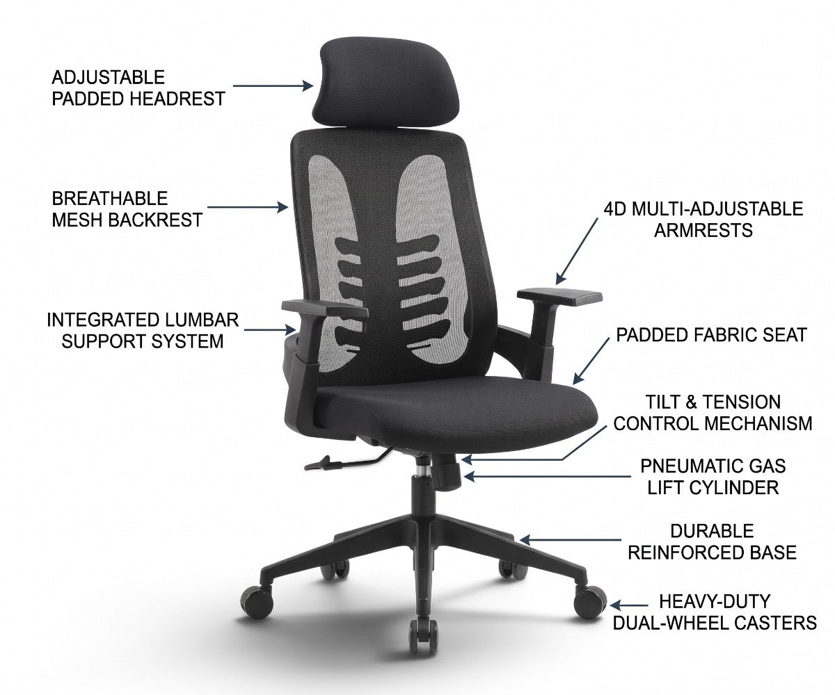 Black high-back mesh office chair with padded headrest and five-star caster base.