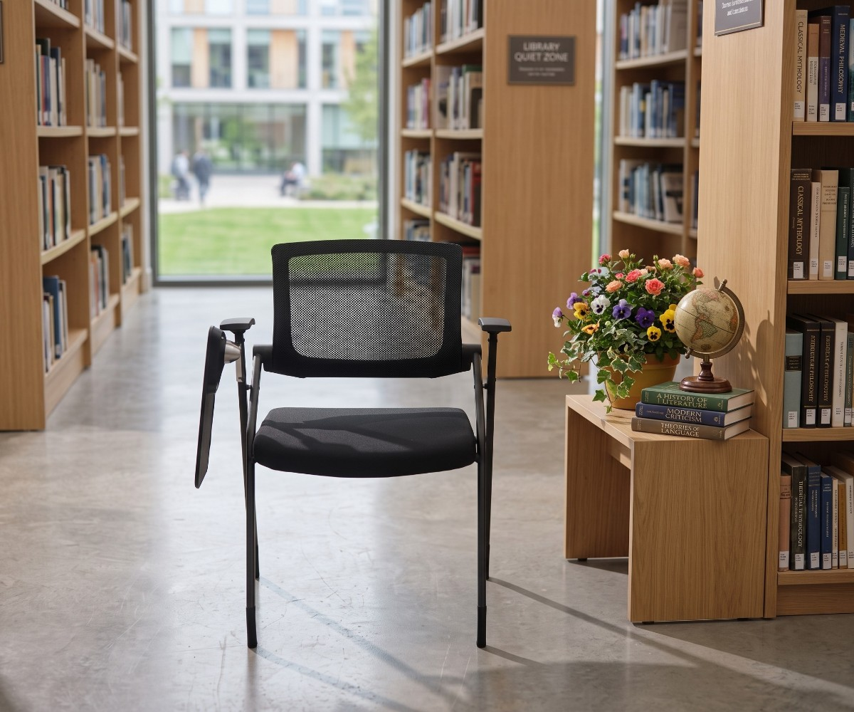 Black mesh study chair with writing tablet and cup holder