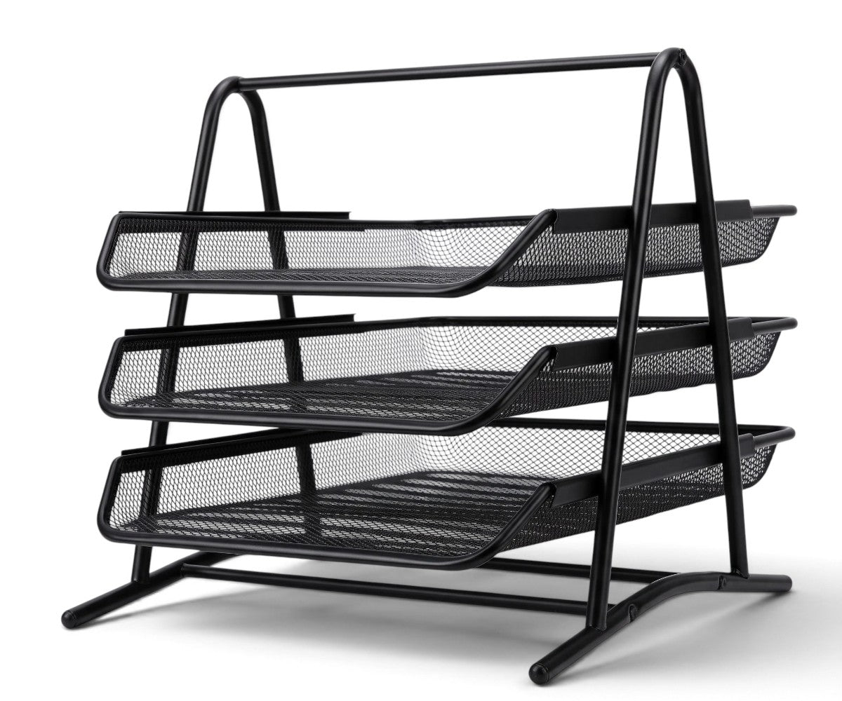 Black 3-tier metal mesh document tray organizer for office desks