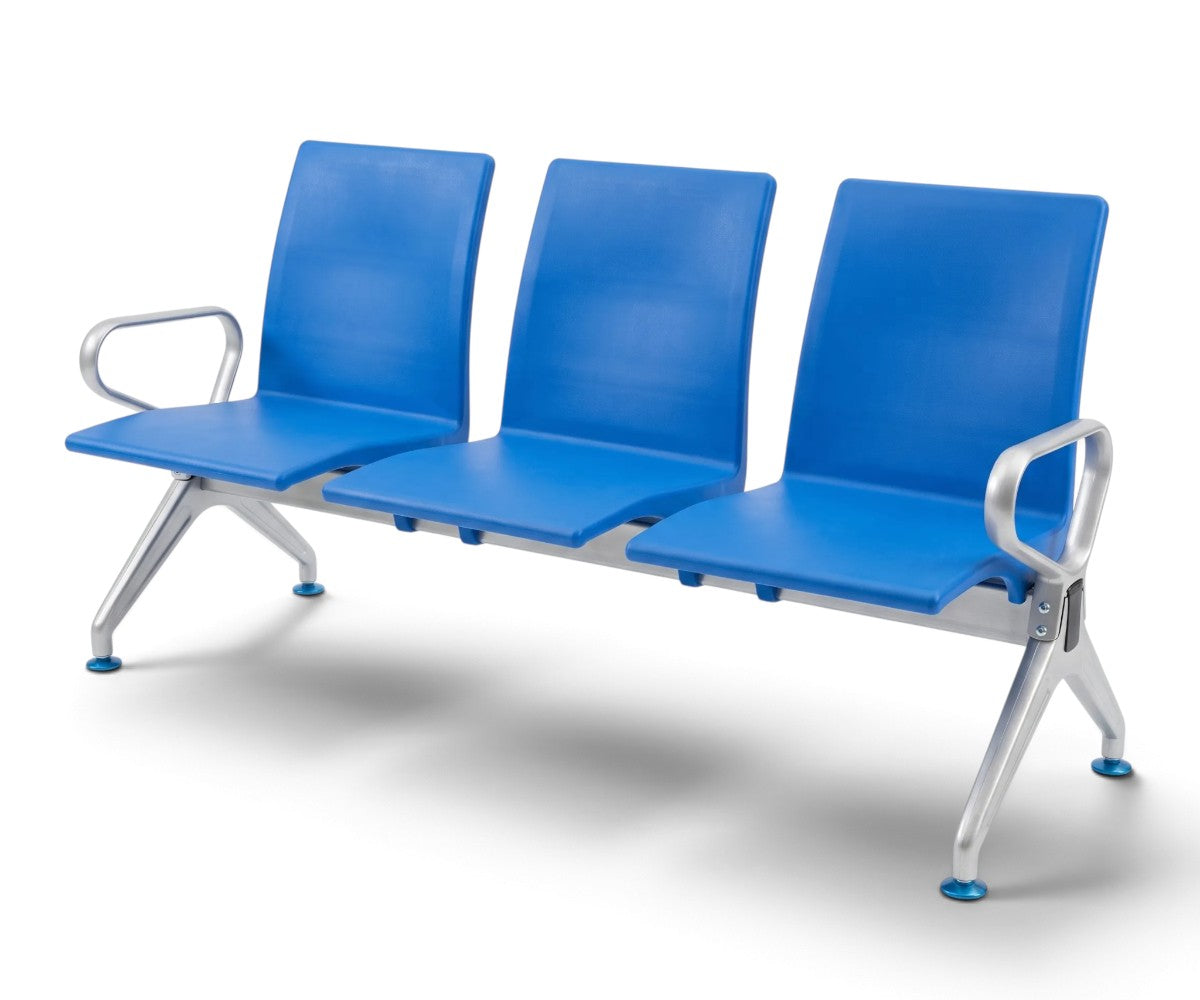 A three-seat waiting room bench with bright blue molded plastic seats and backs and a silver metal frame, shown on a white background with a soft shadow.