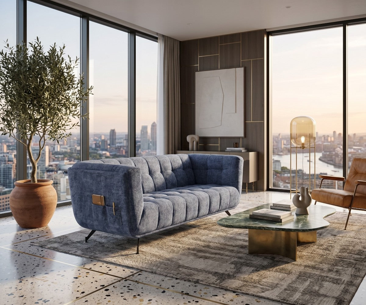 Blue chenille two-seater sofa with biscuit tufting and splayed black metal legs