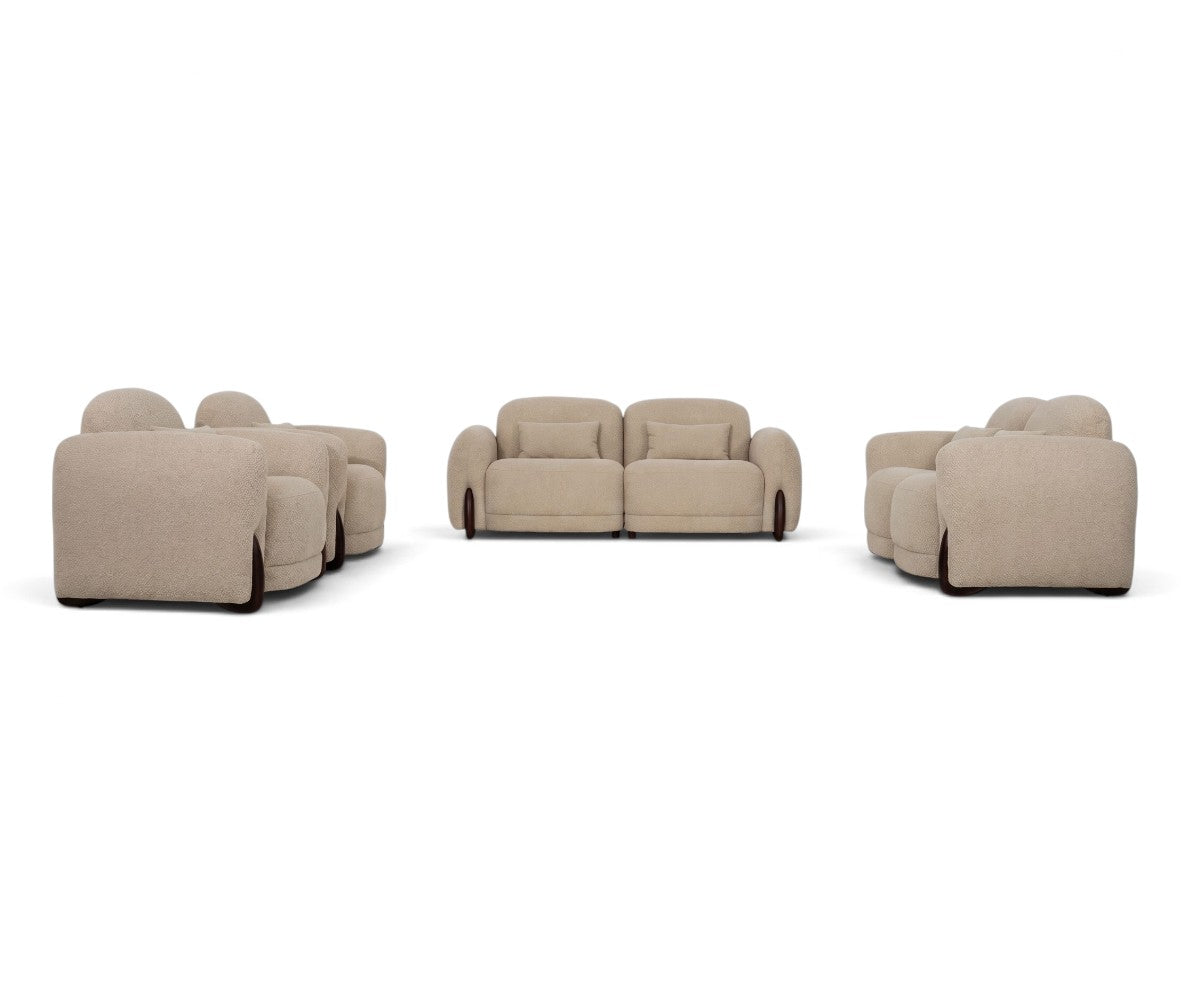 Bouclé two-seater sofa in beige with rounded arms and dark wood base accents