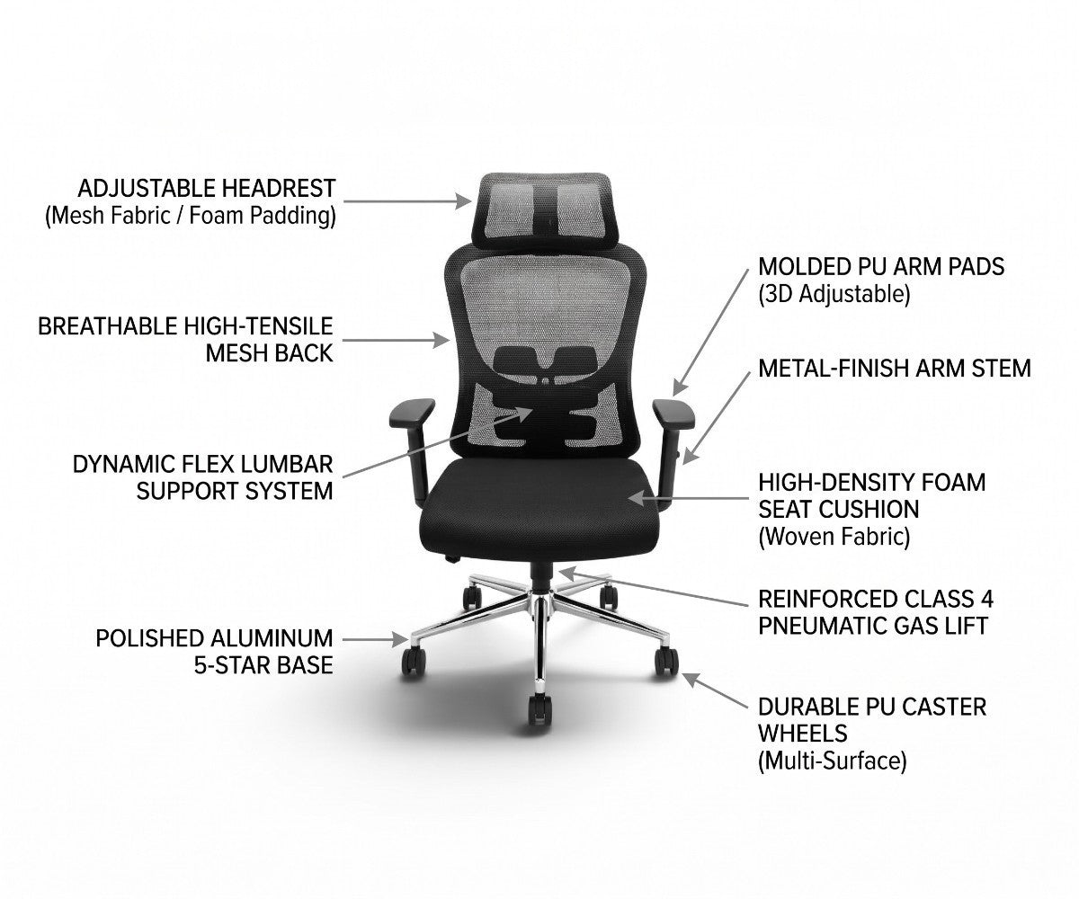 Ergonomic mesh office chair with adjustable headrest and flex lumbar support