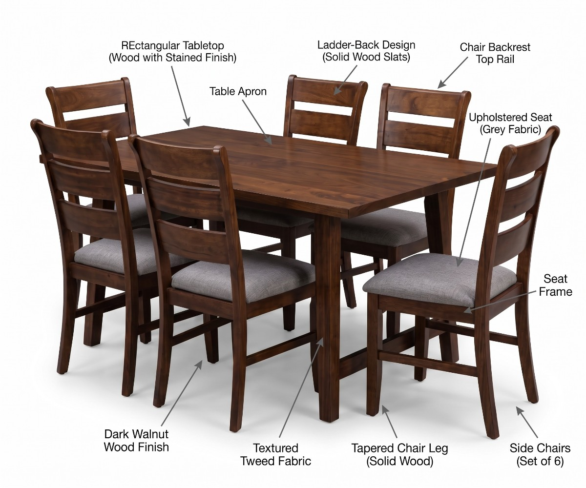 Brown wood-grain rectangular dining table with six grey upholstered chairs on a white background.