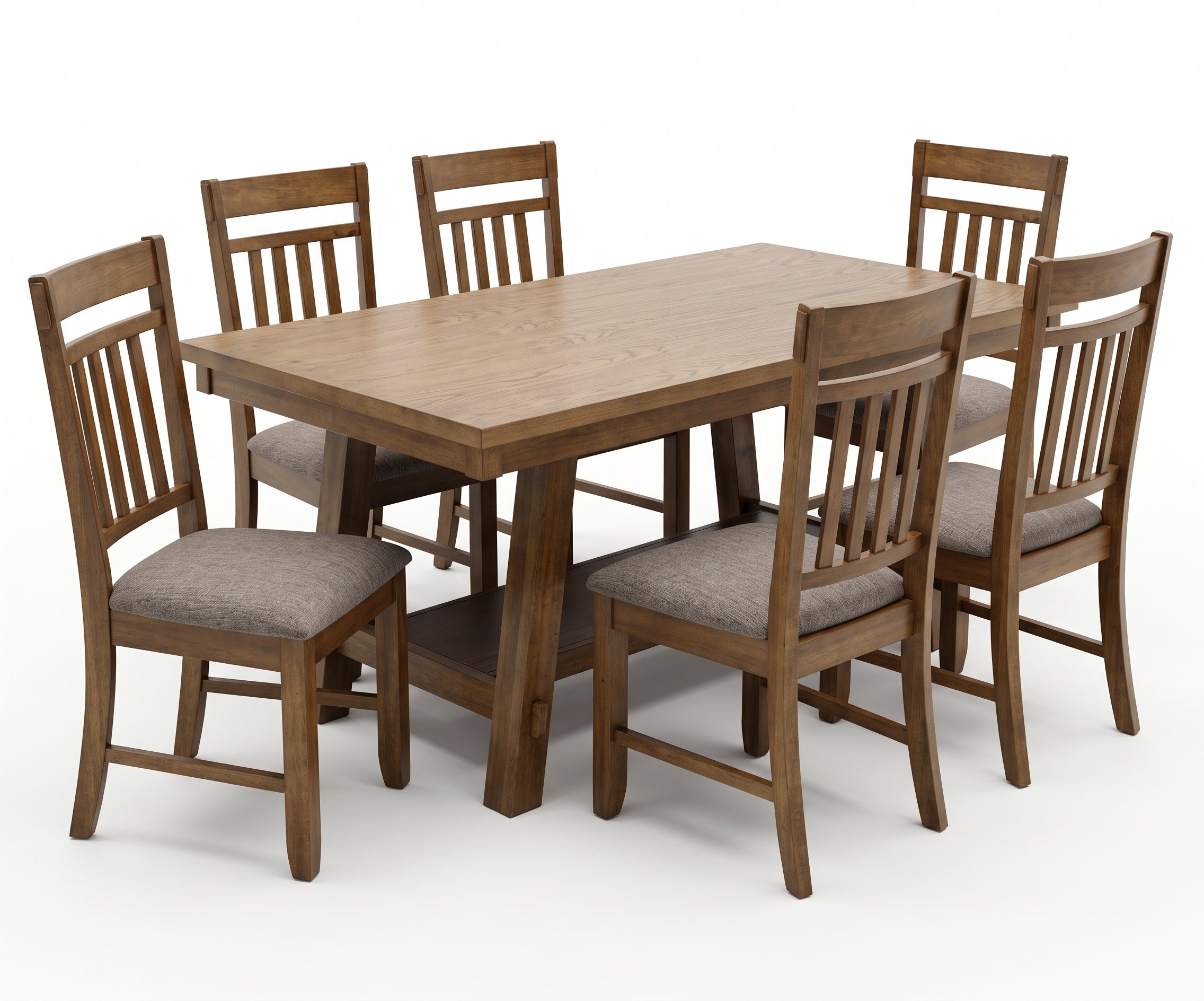 Brown rectangular dining table with six slatted back chairs and taupe upholstered seats.