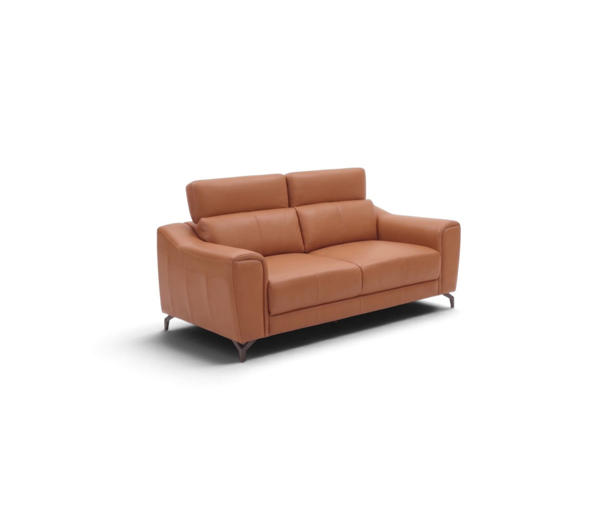 Cognac brown five-seater sofa set with sloped armrests and dark metal legs