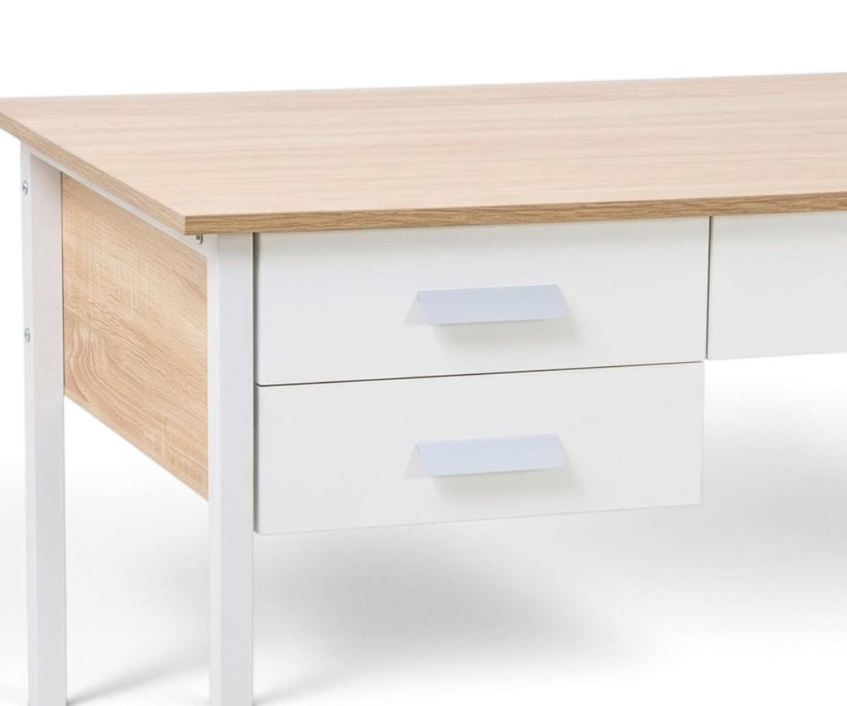 Compact home office desk with white melamine drawers and metal legs