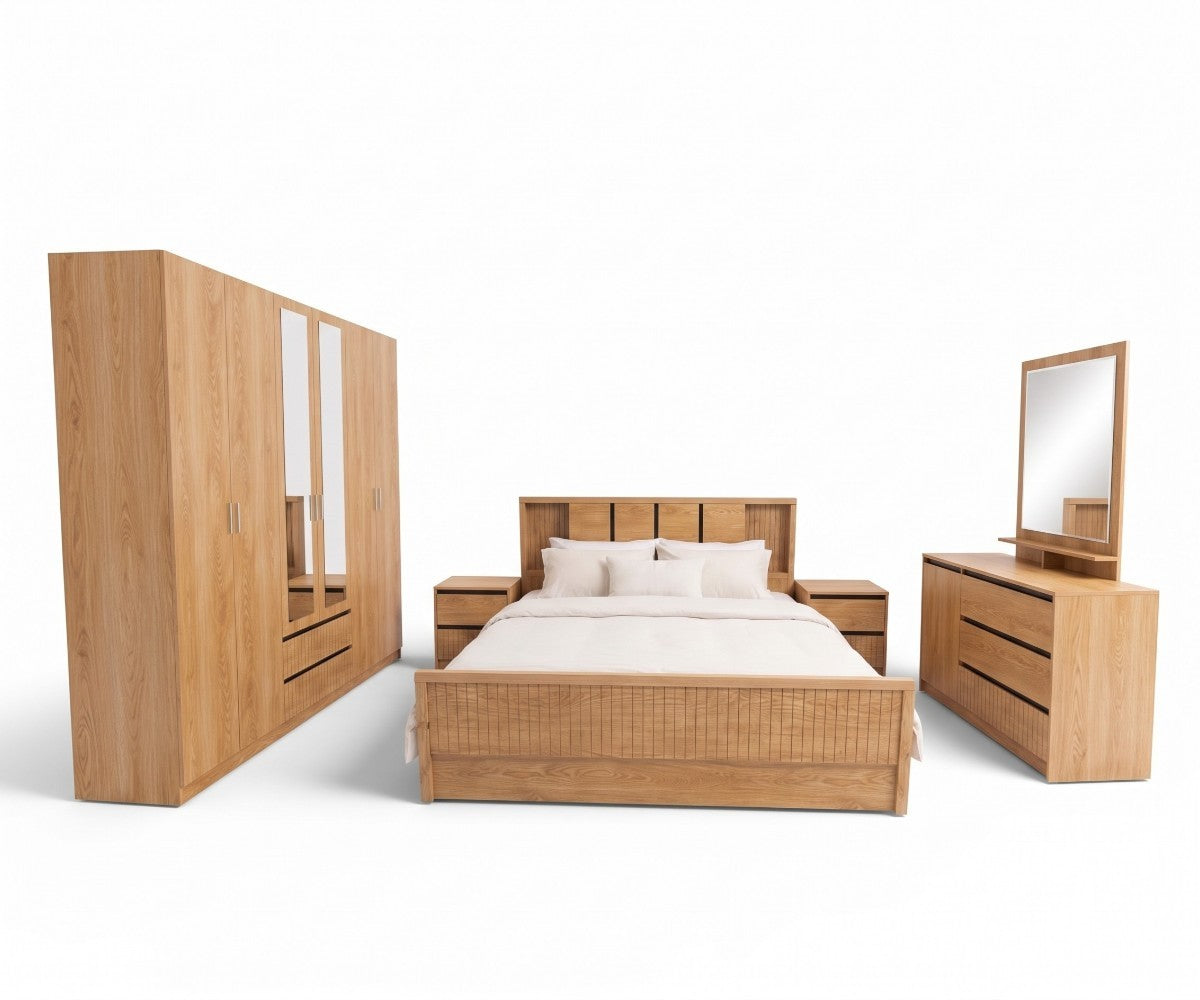 Complete oak bedroom set with bed, mirrored wardrobe, dresser and nightstands