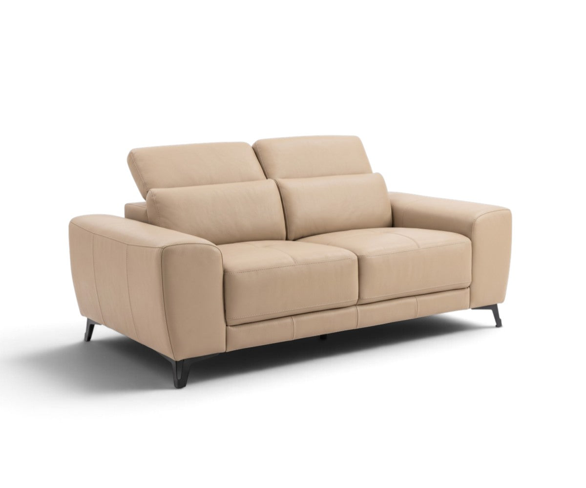 Matching beige three-seater and two-seater sofas with slim angled metal legs