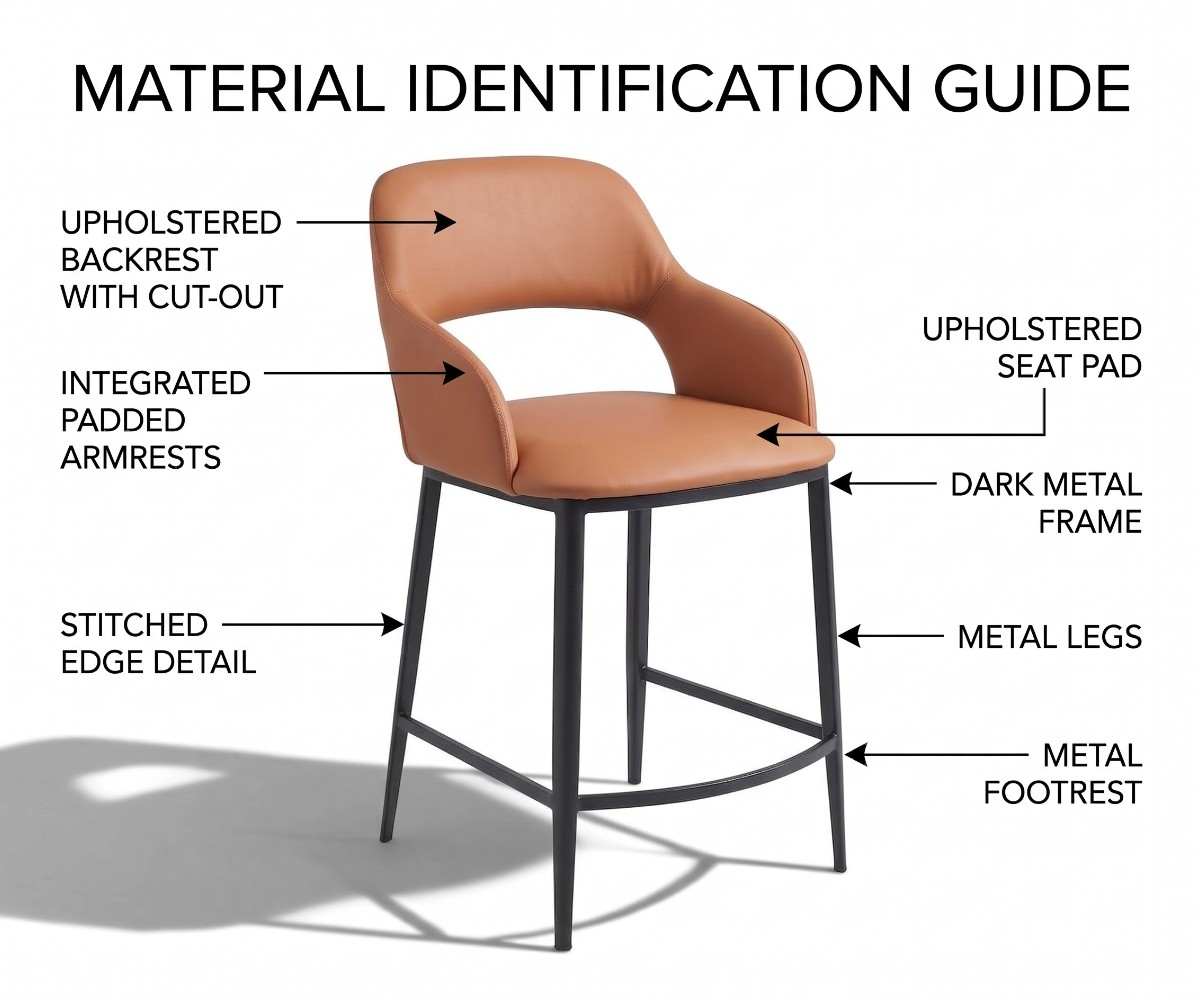 A modern counter-height bar stool with a curved, upholstered backrest and seat in a warm tan leather, supported by a slim black metal frame with a footrest, shown on a white background with a soft shadow.