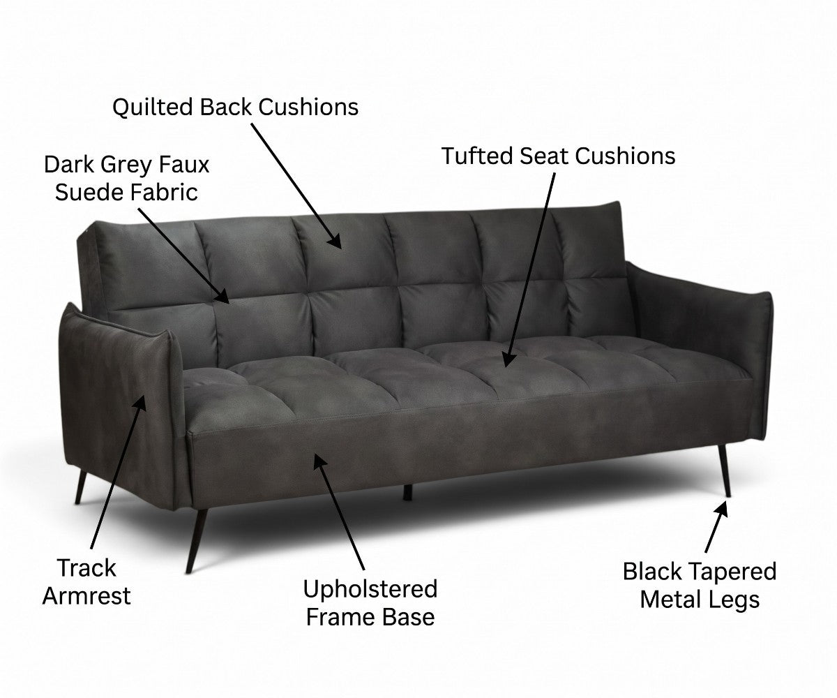 Dark grey faux suede three-seater sofa with tufted seat and quilted back cushions