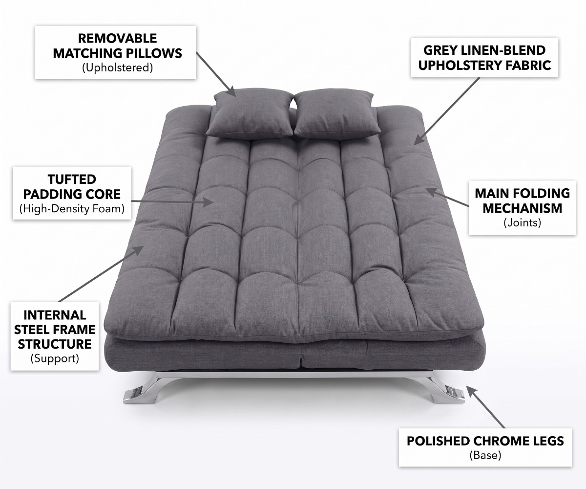 Charcoal grey fabric sofa bed with tufted upholstery and two matching square cushions.