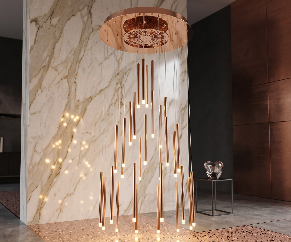 Rose Gold LED Cascade Pendant Chandelier with Tubular Lights