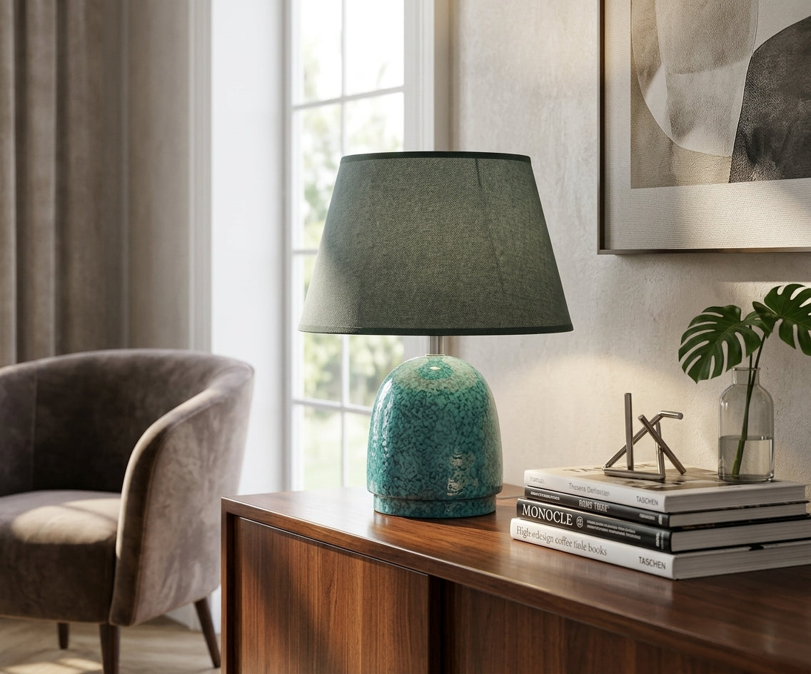 Textured Teal Table Lamp with Gray Shade