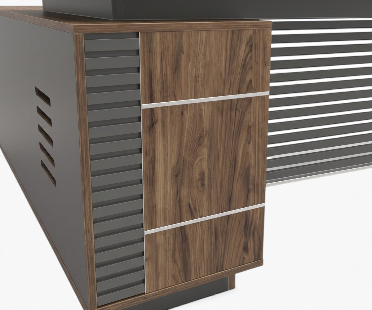 21A2008 executive L-shaped desk in a wood-panelled office at sunset