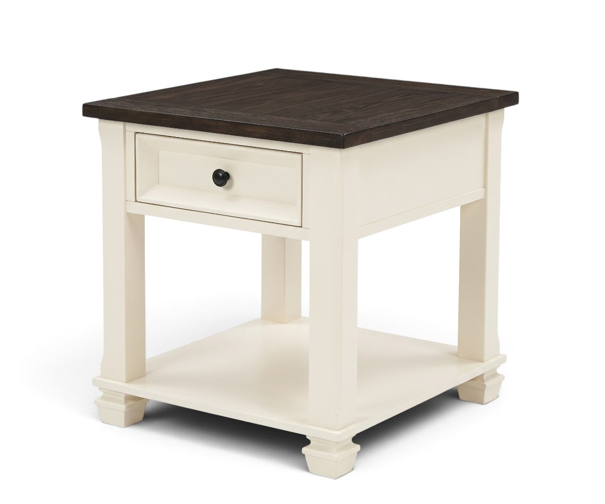 Cream side table with a dark brown wood-grain top, single drawer, and open lower shelf.