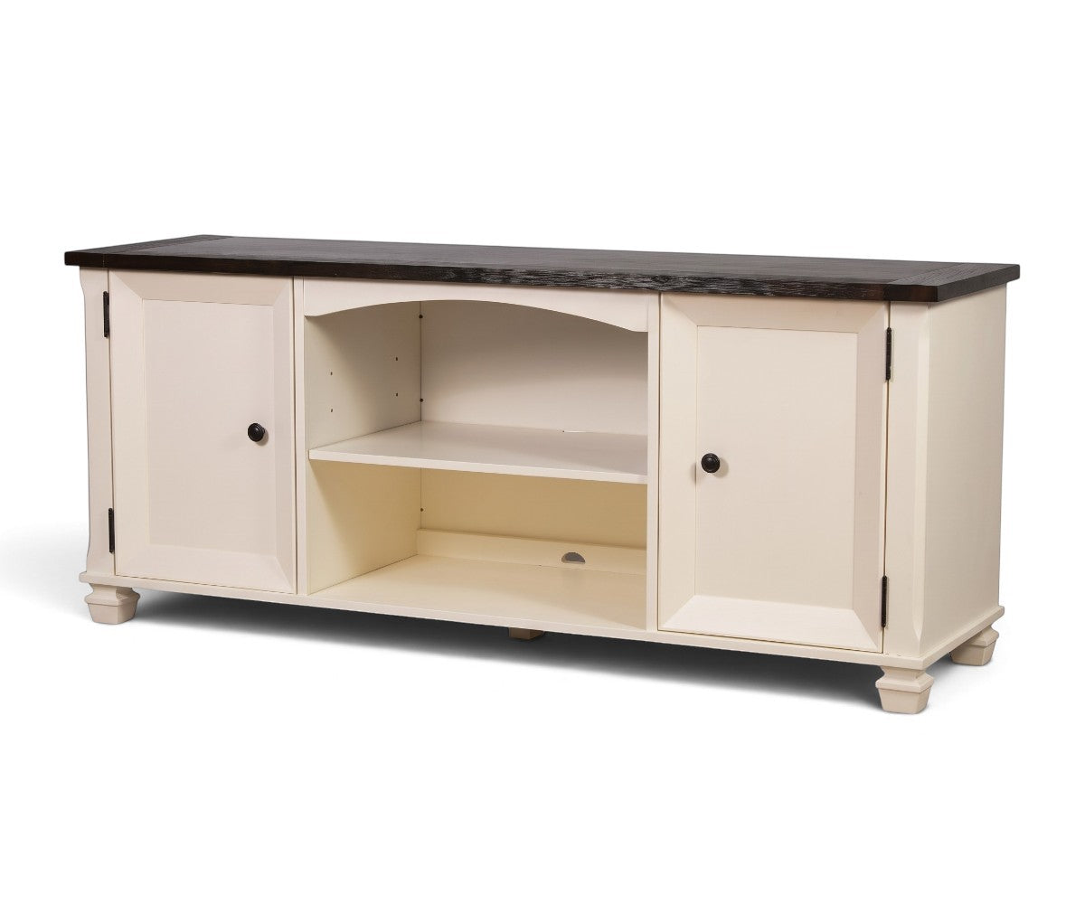 Cream TV console cabinet with a dark wood-look top and two paneled side doors