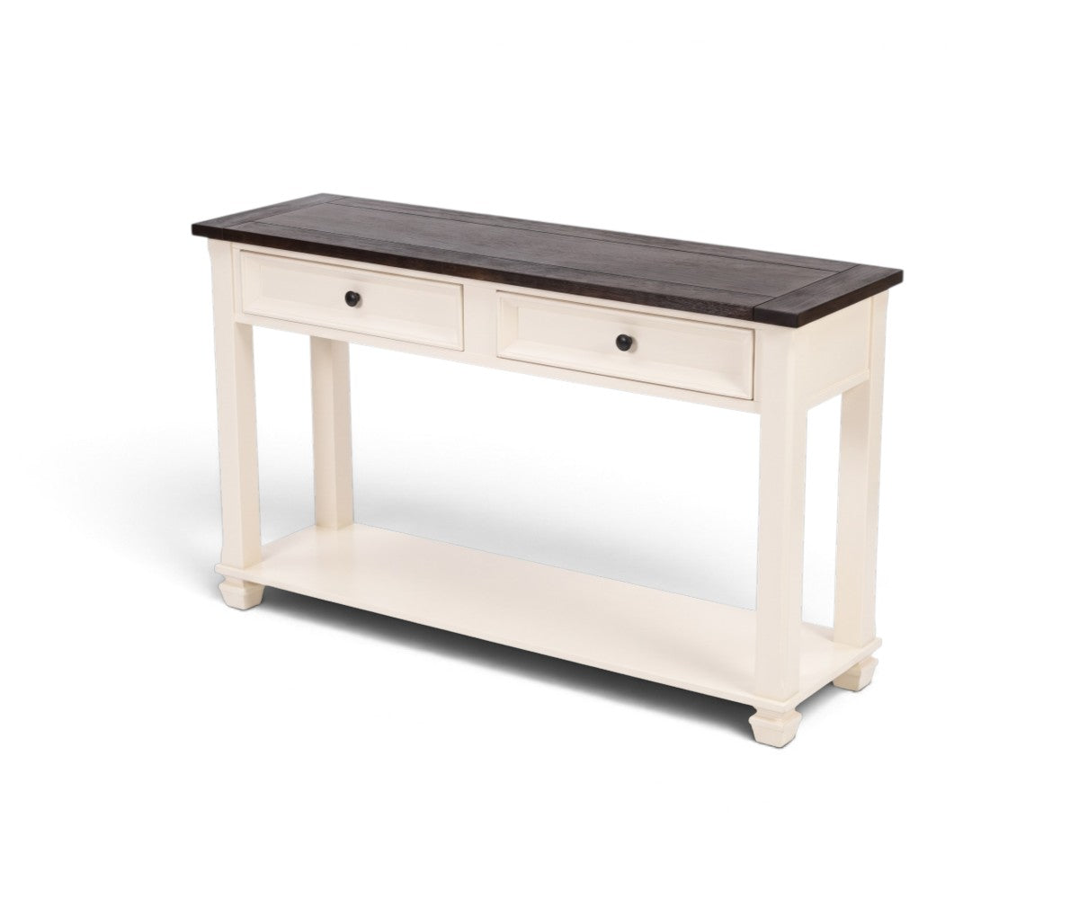 Cream and dark wood hallway table with metal drawer slides and lower shelf