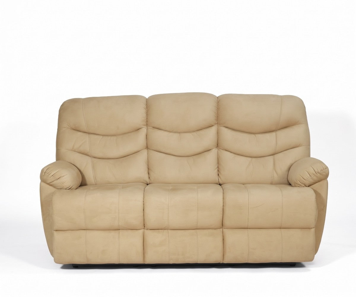 Cushioned beige microfiber living room sofa viewed from the front