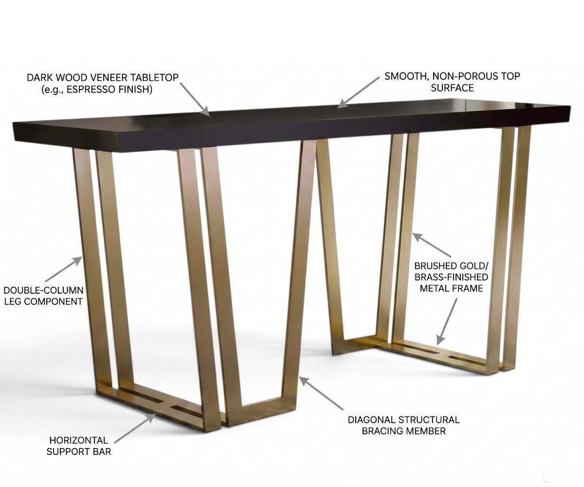 Espresso wood console table with brushed gold angular metal frame