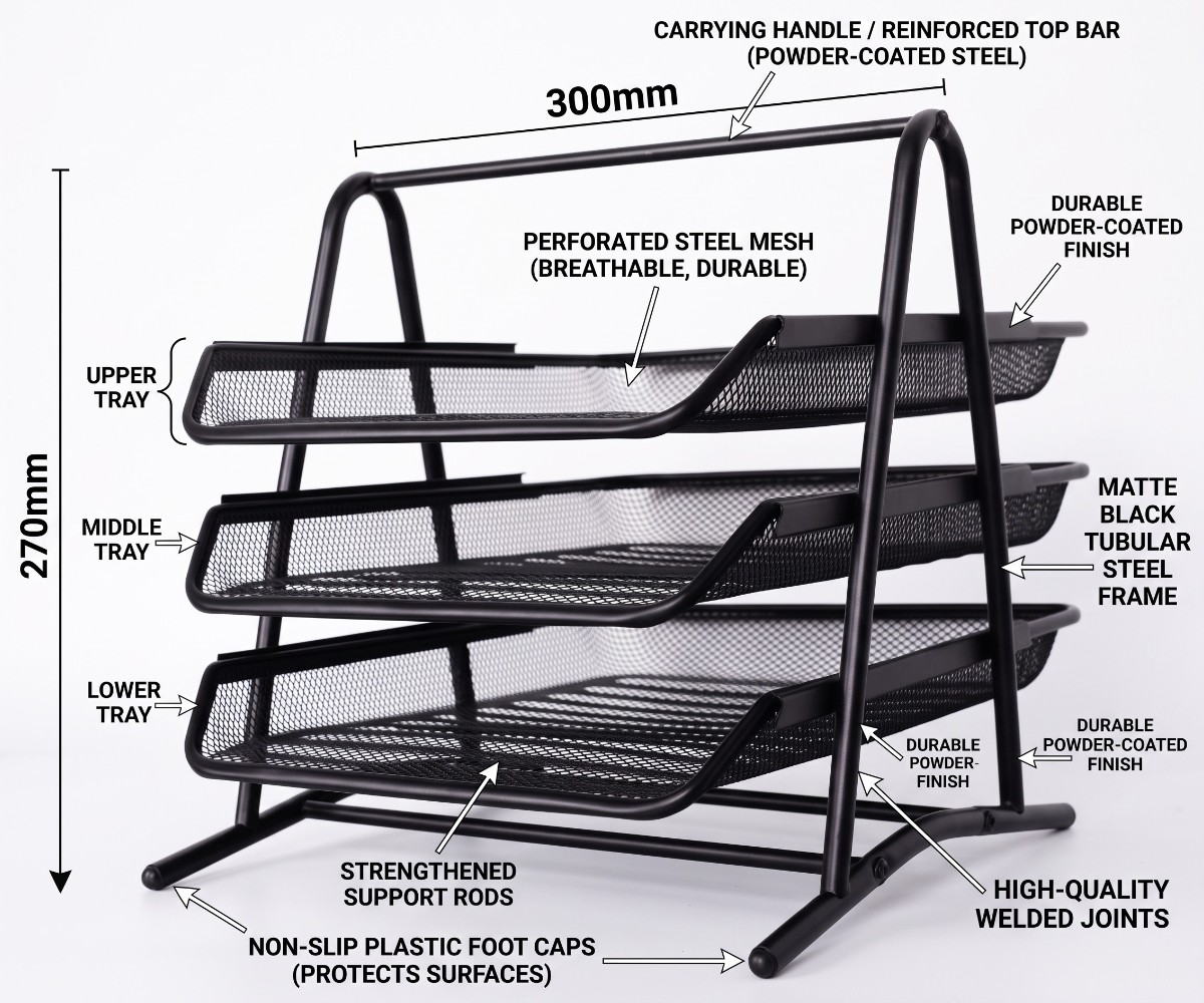 Black 3-tier metal mesh document tray organizer for office desks