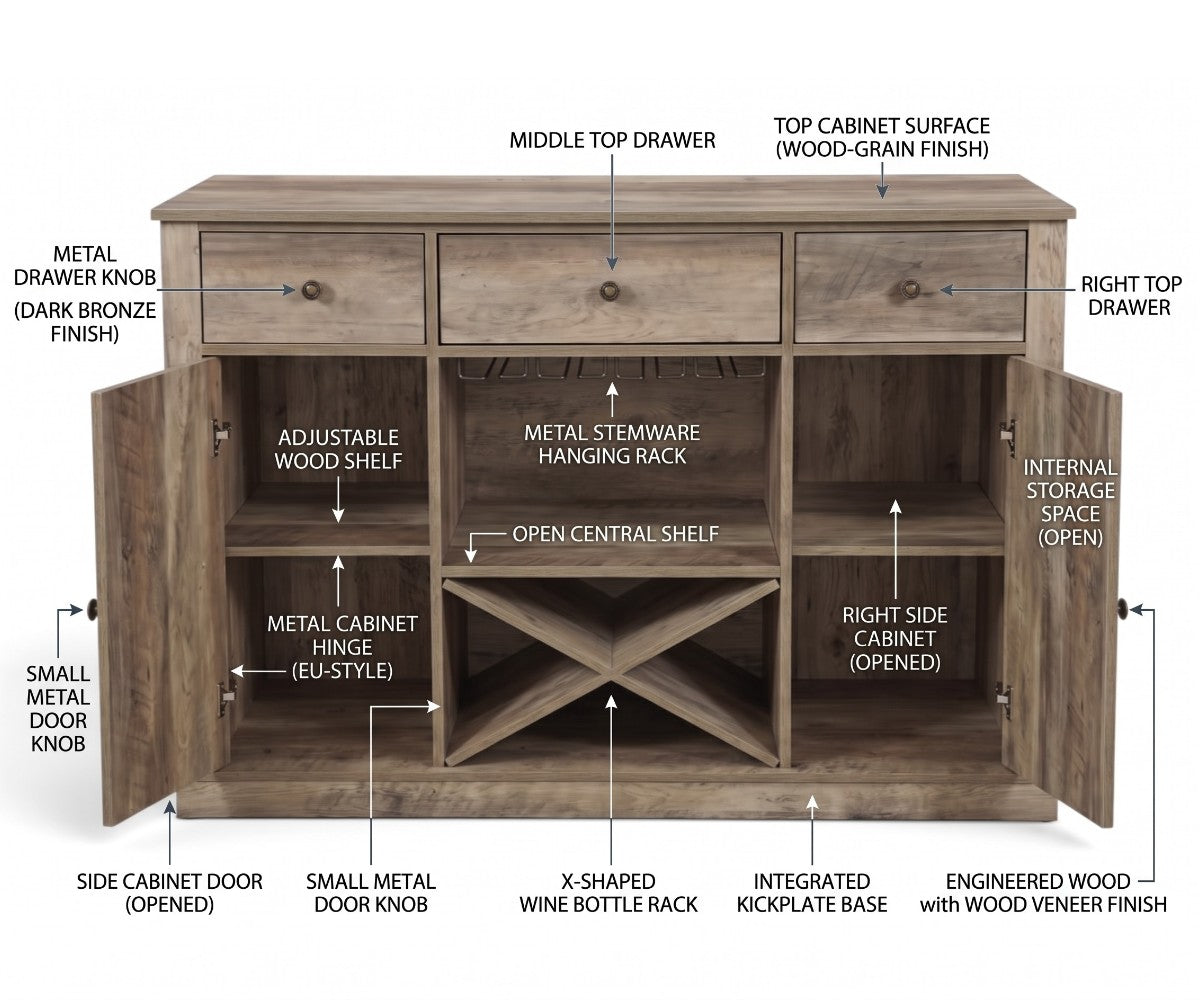 Rustic sideboard buffet with three drawers, wine rack and open cabinets