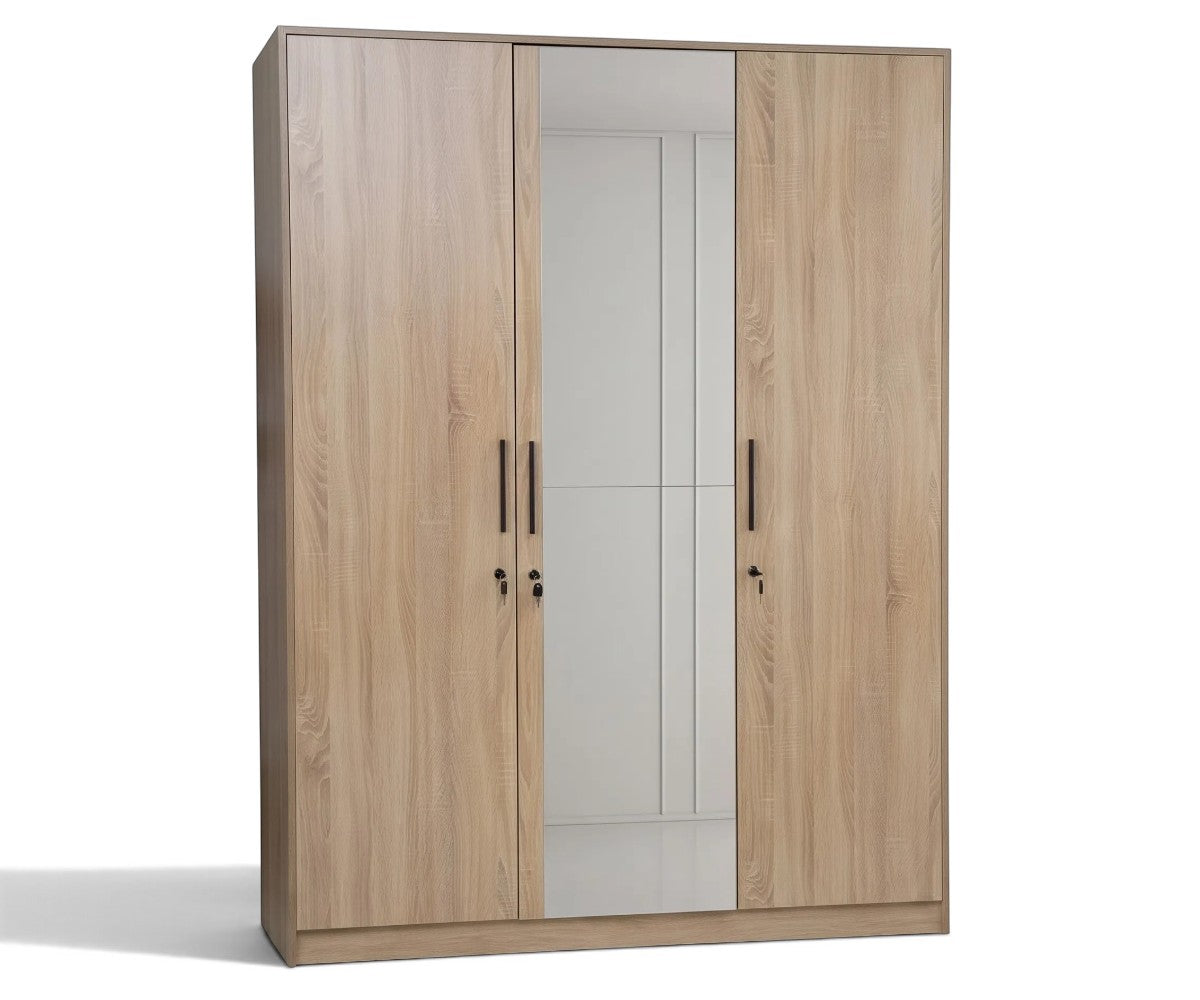 Light wood 3-door wardrobe with full-length center mirror and black handles