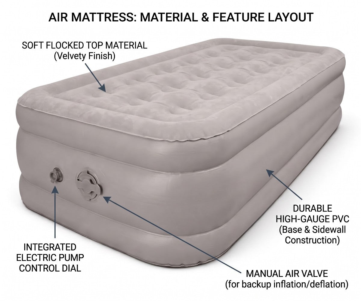 Raised grey air mattress with flocked top and built-in electric pump dial