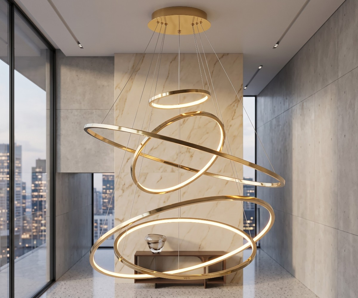 Modern Brass Spiral Multi-Ring LED Chandelier