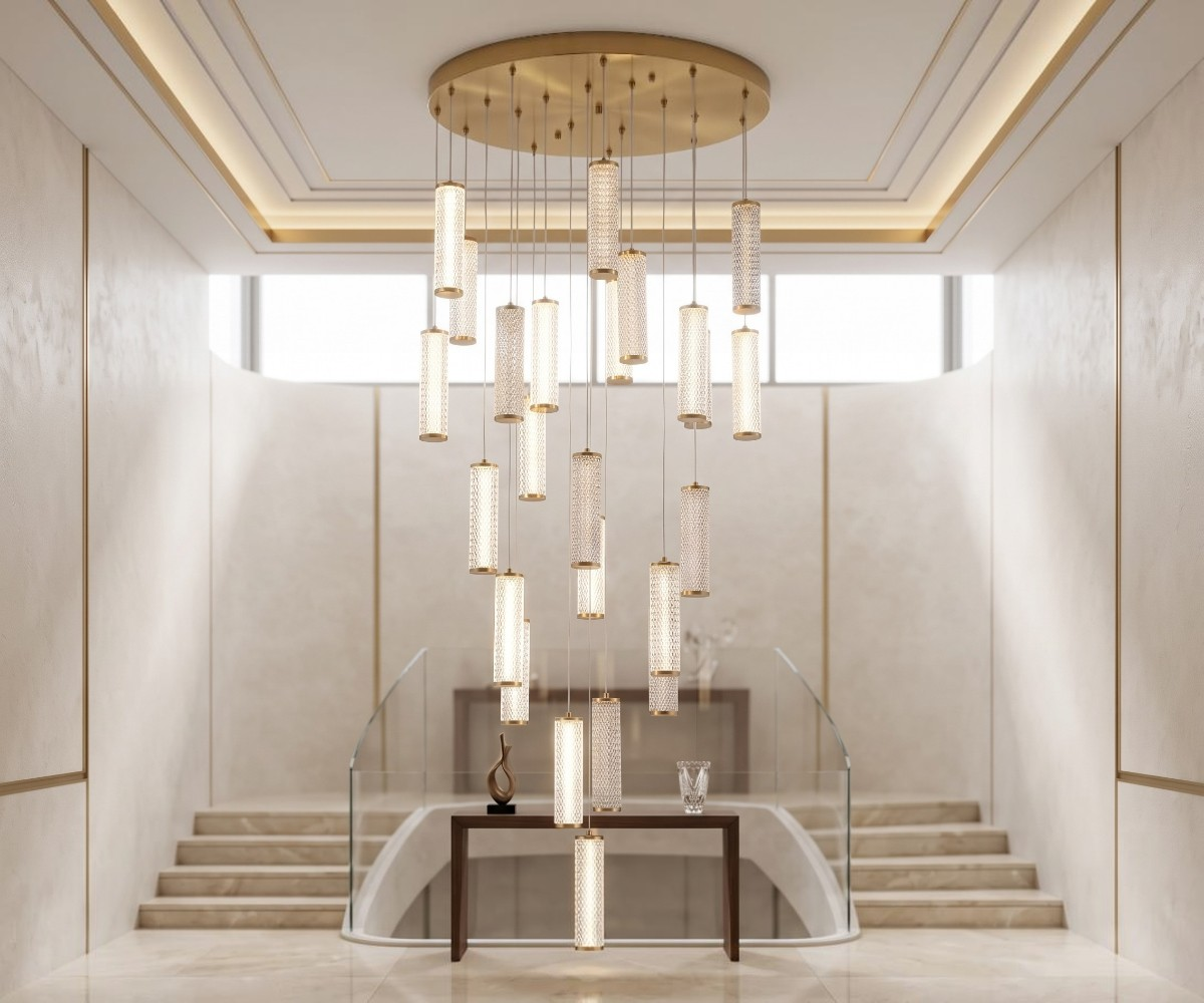 Modern Cascading Crystal Cylinder Pendant Light