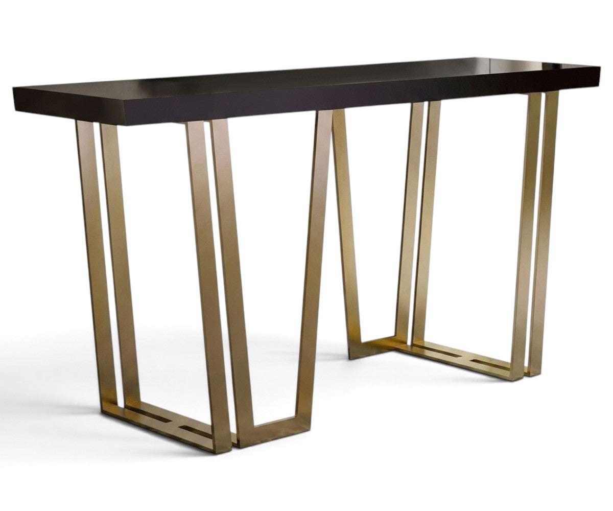 Espresso wood console table with brushed gold angular metal frame