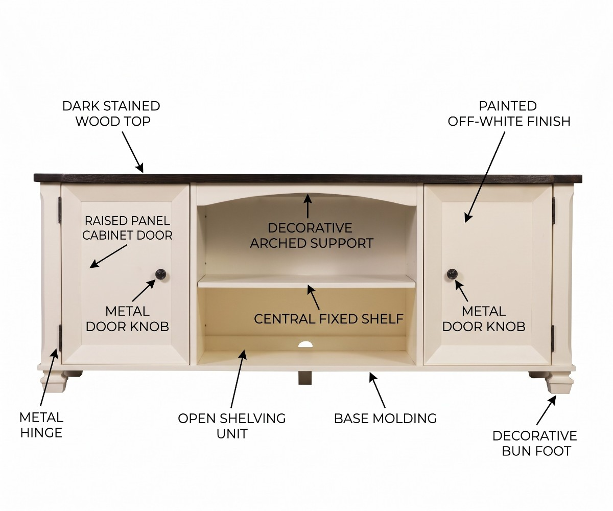 Cream TV console cabinet with a dark wood-look top and two paneled side doors