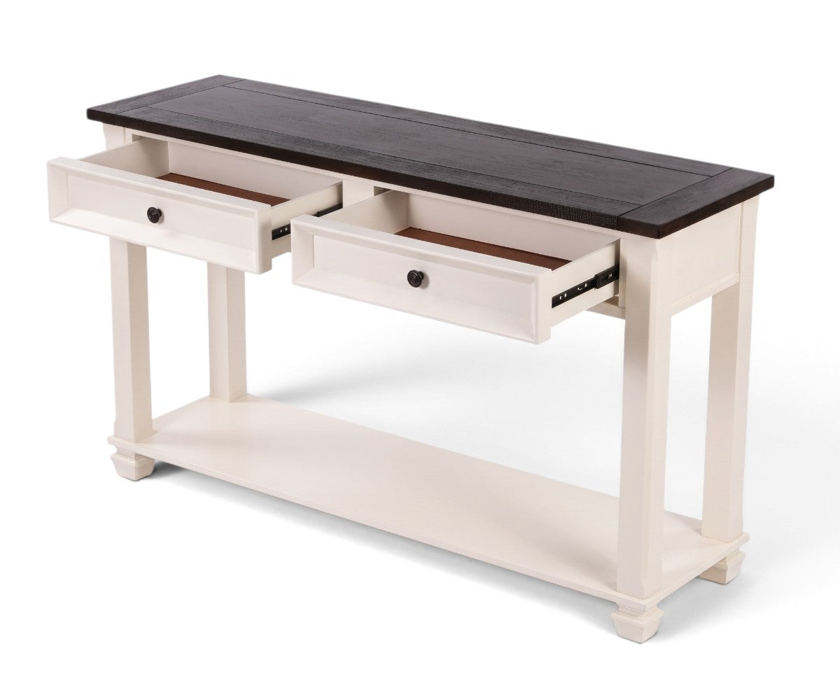 Farmhouse console table with dark wood top, cream frame and two open drawers