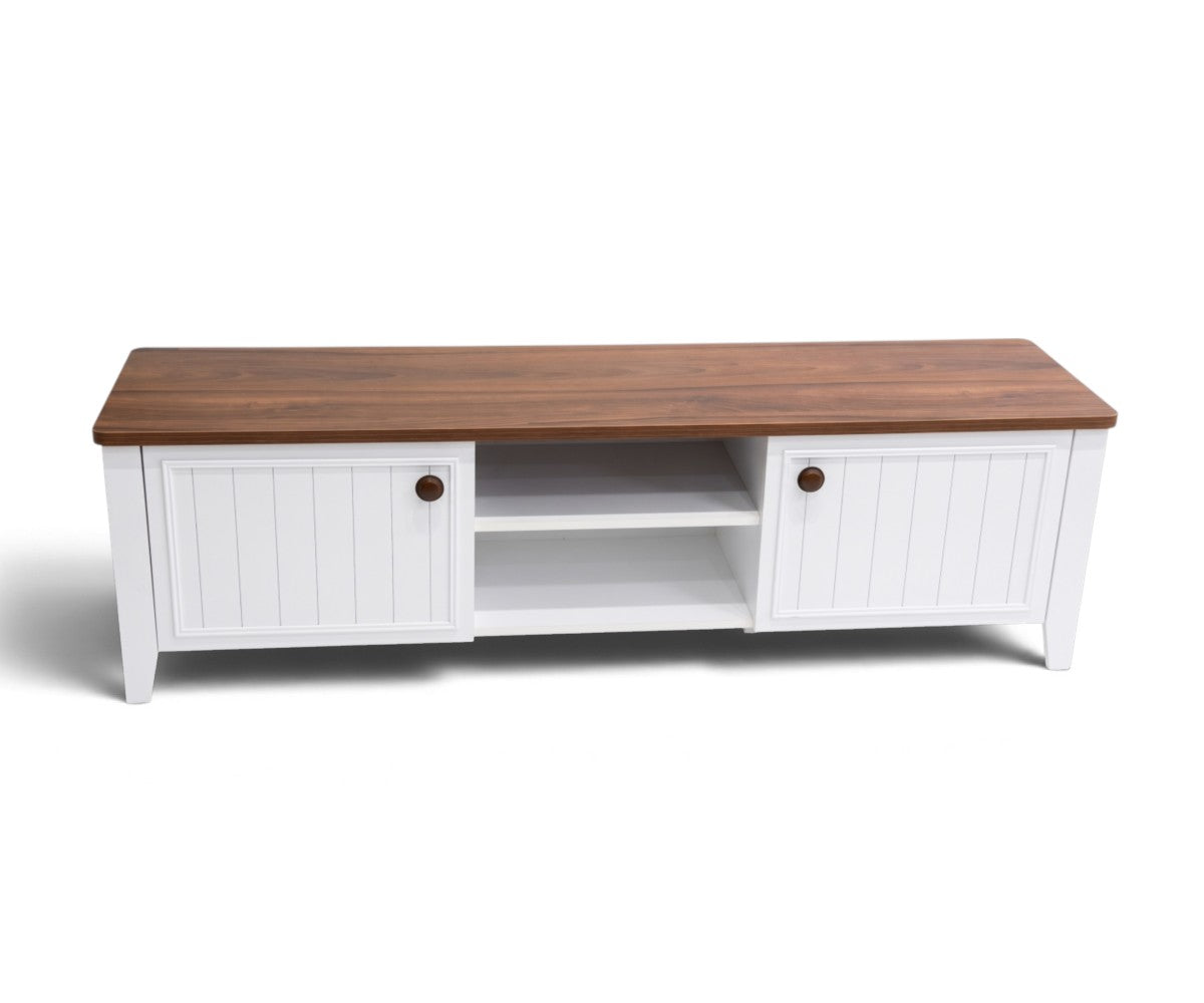 Farmhouse TV unit with solid wood top, white beadboard doors and open shelving