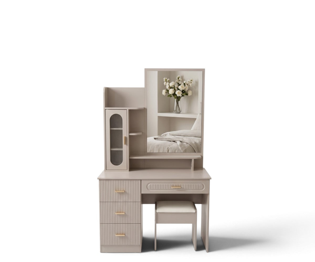 Fluted dressing table with mirror, four drawers, side cabinet and upholstered stool