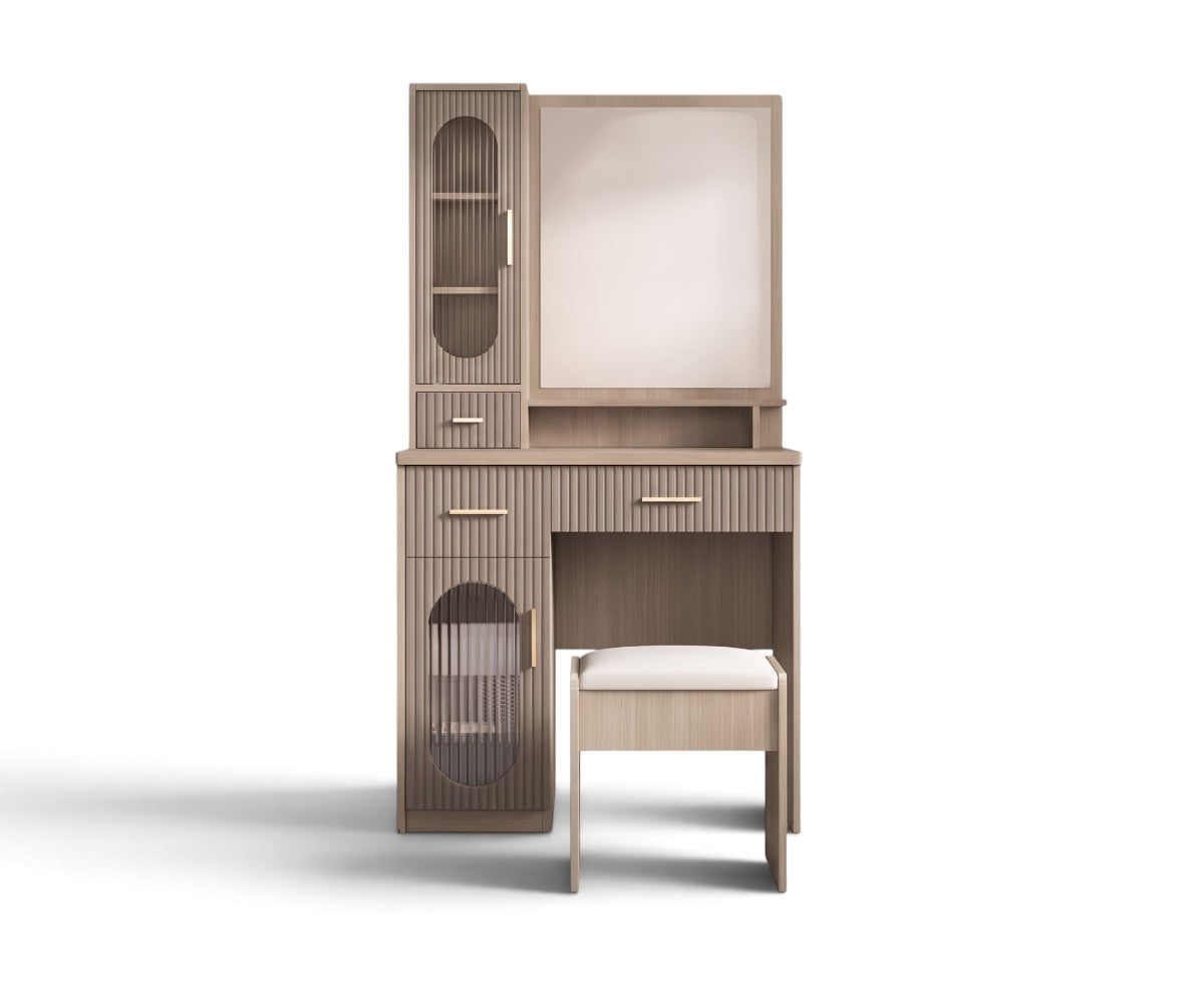 Fluted dressing table with mirror, glass cabinets, drawers and upholstered stool