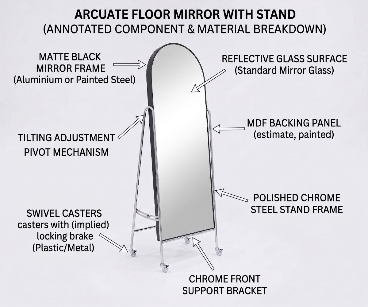 Freestanding black and chrome dressing mirror with wheels viewed at an angle