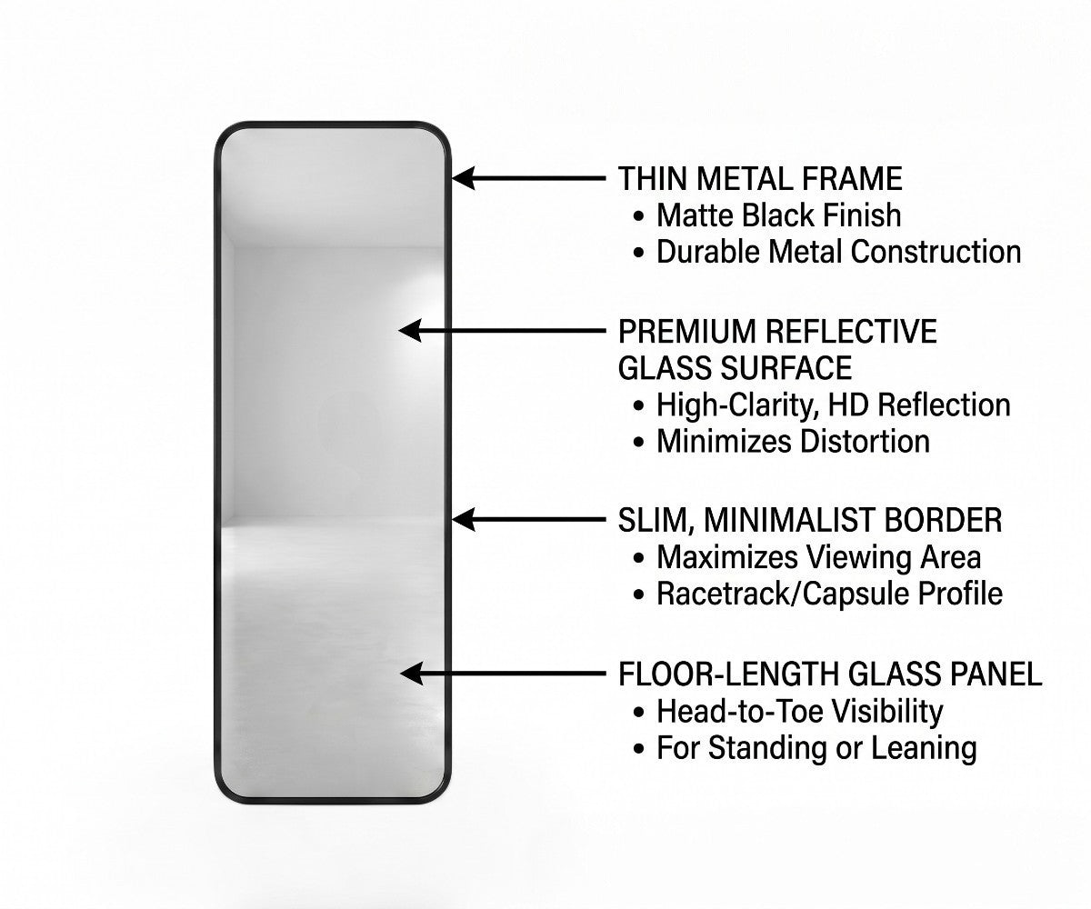 Full-length floor mirror with slim matte black metal frame and rounded corners